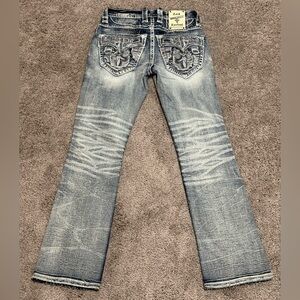 Rock Revival Nash Slim Boot Cut Distressed Washed Denim Blue Jeans Mens Size 28